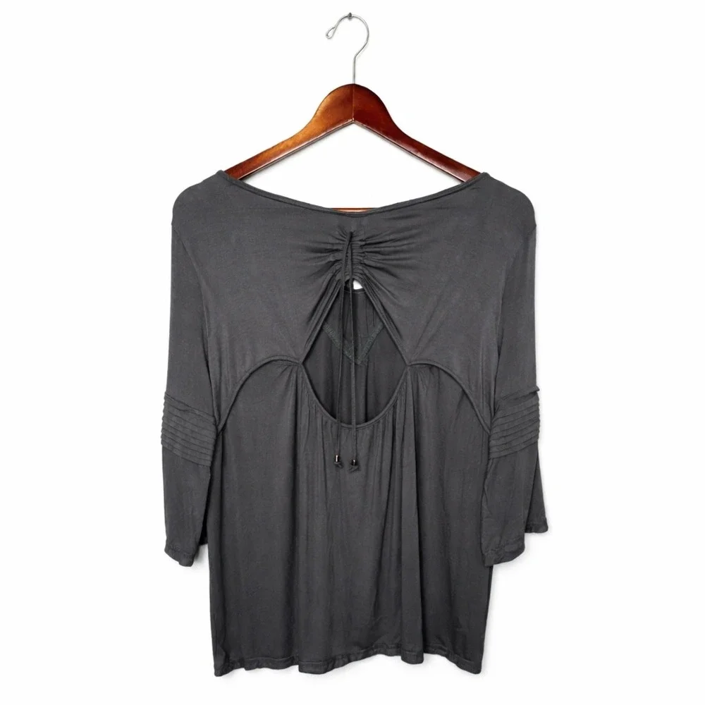 POL Charcoal Gray V-Neck Back Cutout Ruched Tie Top RCT387 Large - Picture 3 of 7